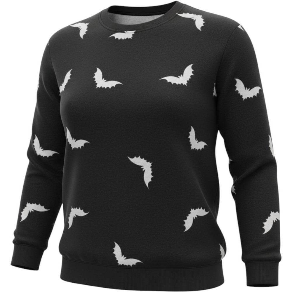 (B3) Shein Curve Womens 1XL Black Bat Print Sweatshirt Halloween Spooky 14 16